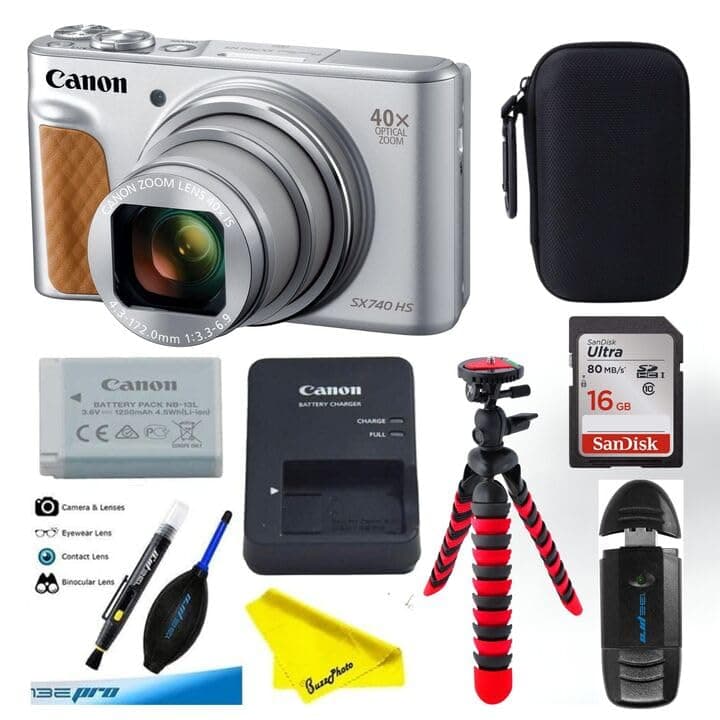Cámara digital Canon PowerShot SX740 con zoom óptico 40x y LCD inclinable de 3 pulgadas (Cámara con paquete de accesorios avanzados BuzzPhoto, plateada) 2956C001
