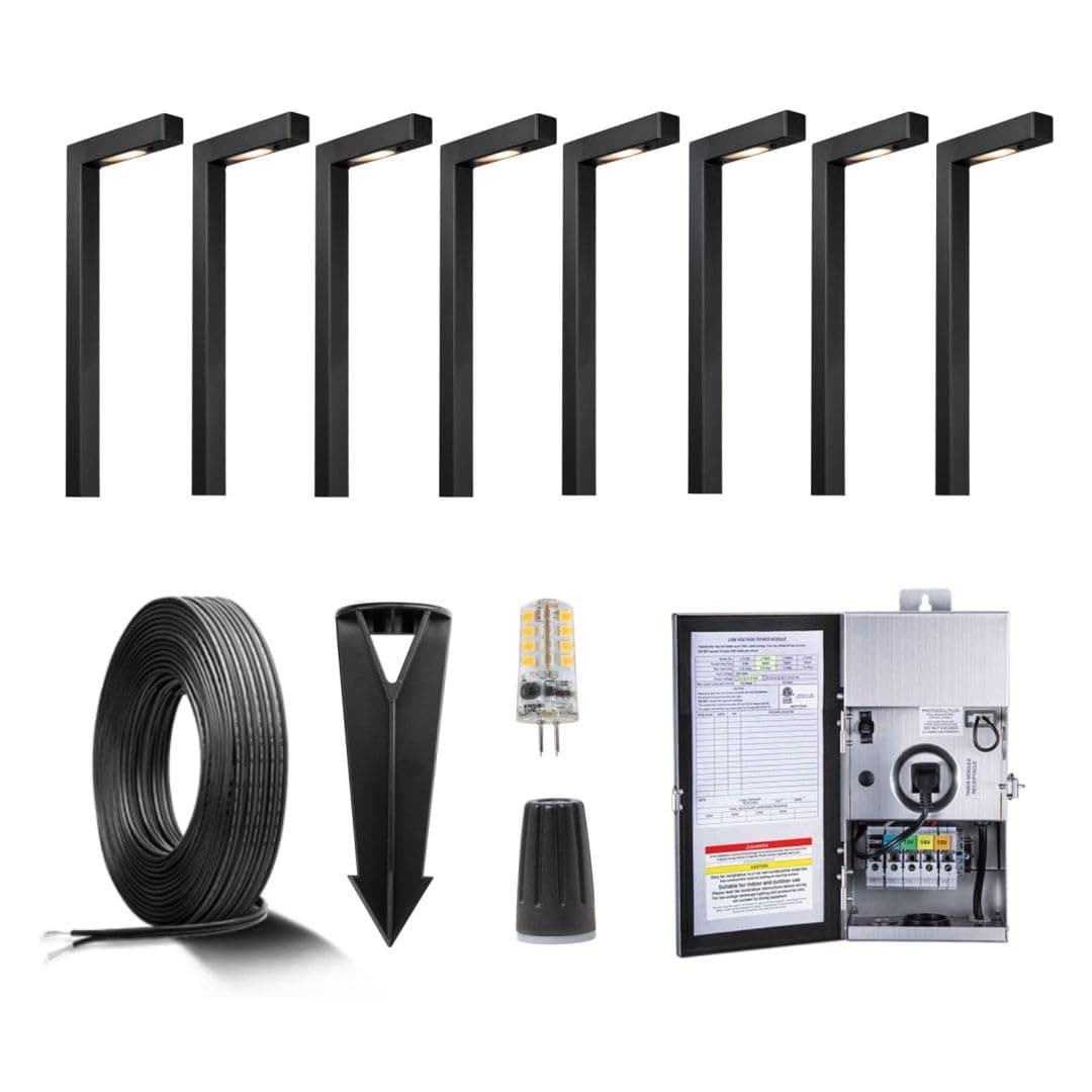 Gardenreet kit 8 luces de camino latón negro 12V con transformador 150W temporizador y cable 100FT Path-2404-Black-8-Kit