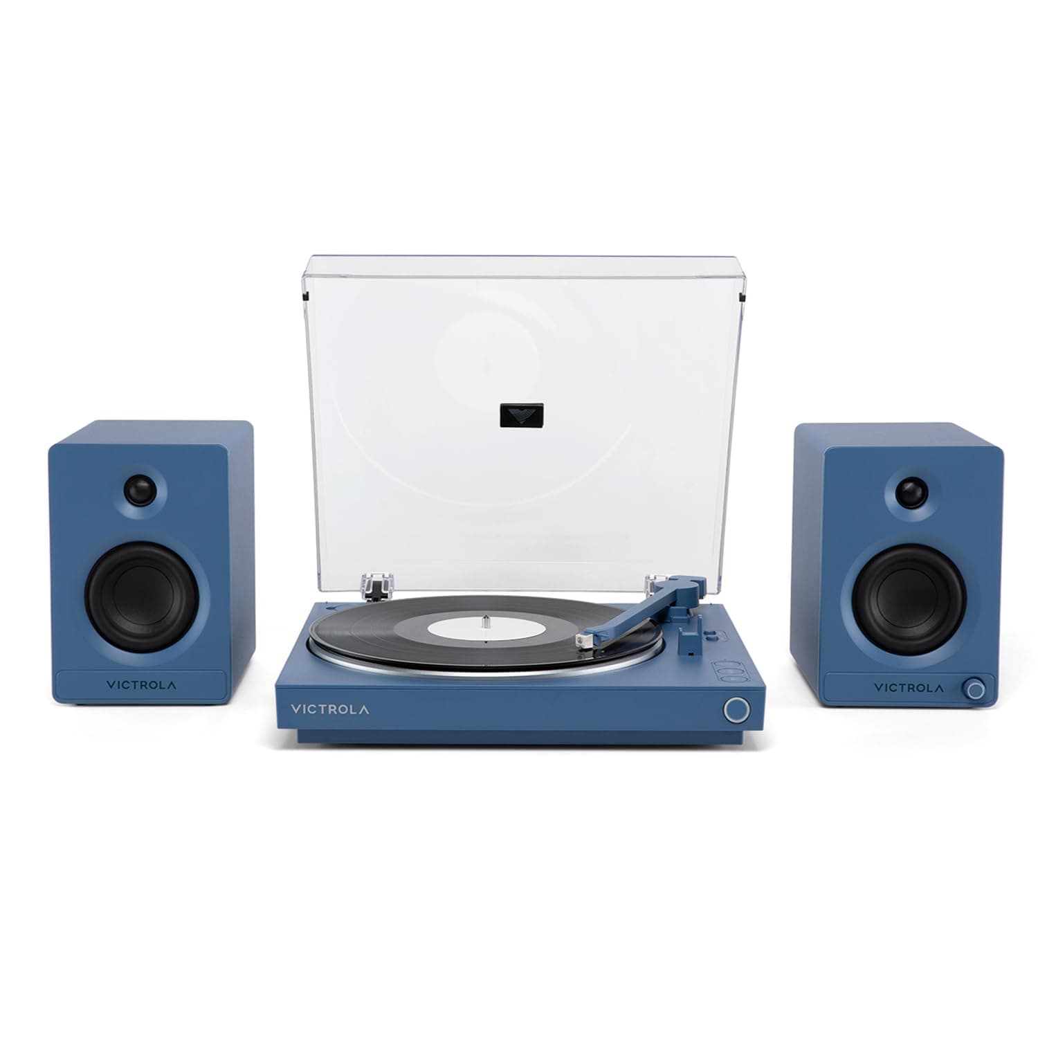 Victrola Fully Automatic Bluetooth Turntable + Victrola Tempo - Tocadiscos automático con altavoces Bluetooth (Bundle, Blue)