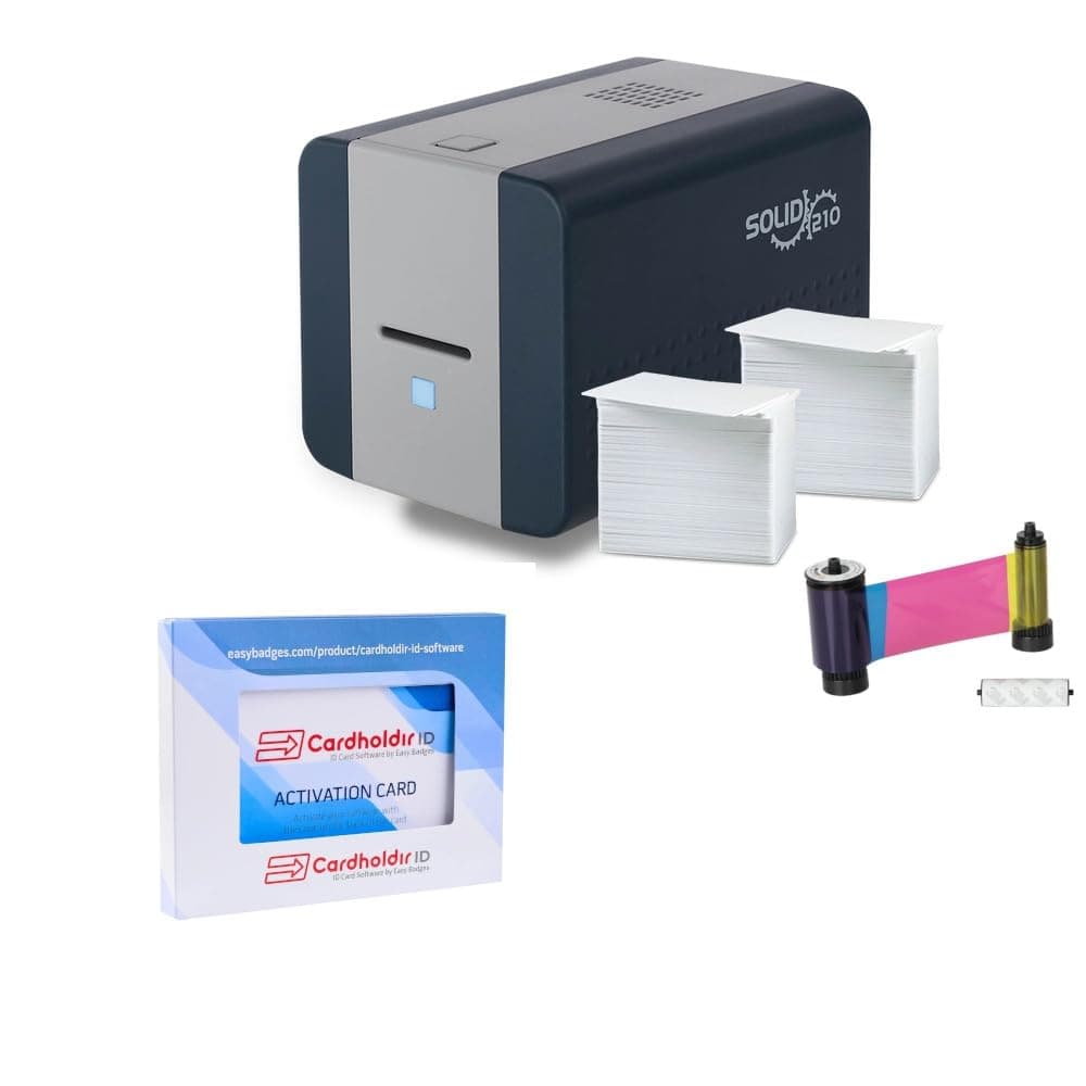 Cardholdir ID Easy Badges Solid 210 ID Badge Printer con software para principiantes y todo lo necesario para diseñar e imprimir 200 tarjetas ID 456