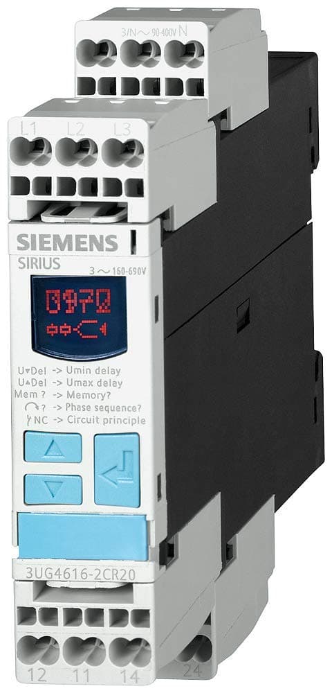 Siemens Relé de monitoreo trifásico 3UG46152CR20,160-690V, ancho 22.5mm, Cage Clamp