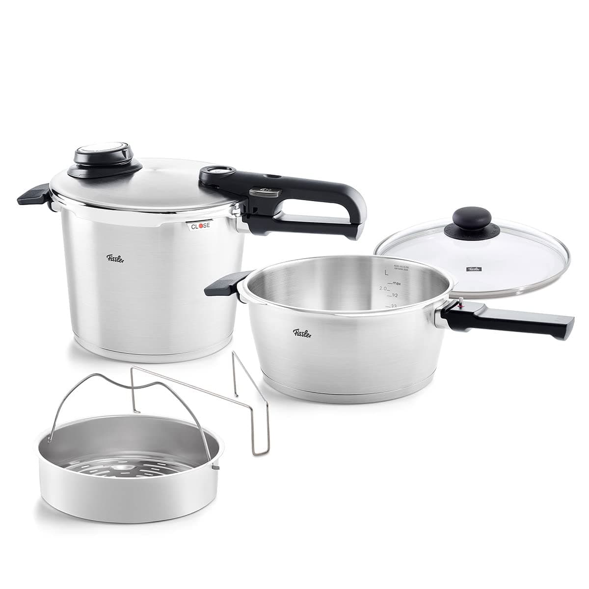 Olla a presión Fissler Vitavit Premium juego 3.7 y 6.3 cuartos con tapa de vidrio 622-412-13-090/0