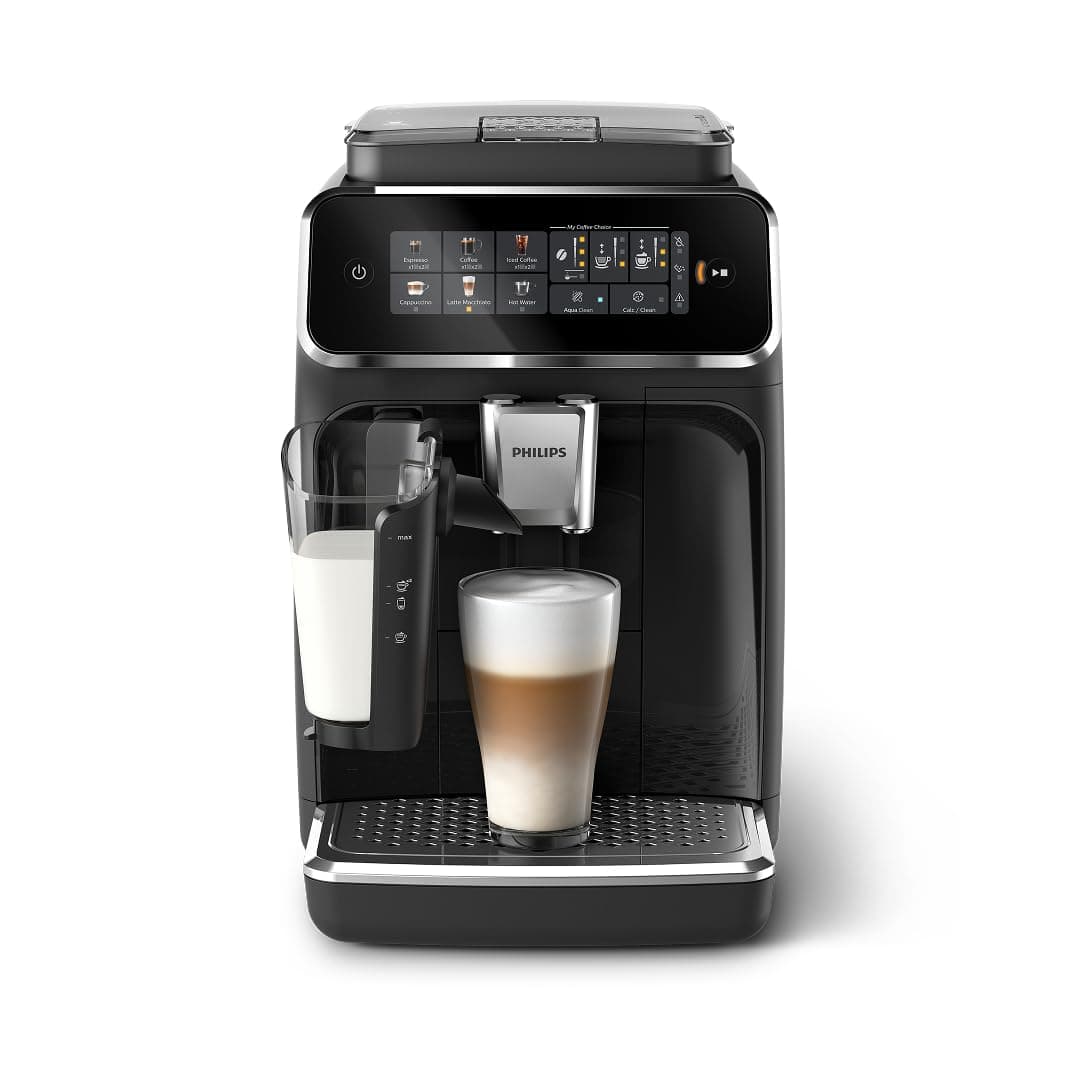 Cafetera automática Philips Serie 3300 con sistema de leche LatteGo y molinillo integrado, 6 preajustes de café caliente y con hielo, SilentBrew 40% más silenciosa, 15 bares de presión, negro brillante (EP3341/50)