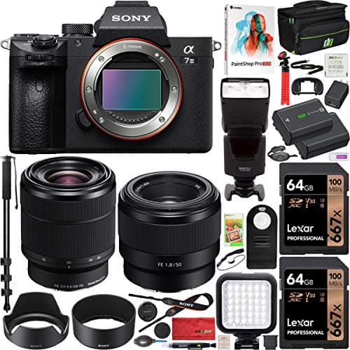 Sony ILCE-7M3K/B A7III - Cámara Sin Espejo Full Frame con SEL2870 FE de 1.102-2.756 in f3.5-5.6 OSS Paquete con Lente SEL50F18F FE de 1.969 in f1.8 Memoria 2X de 64GB Caja de Equipo Deco y Accesorios (15 artículos) E90SNILCE7M3KB