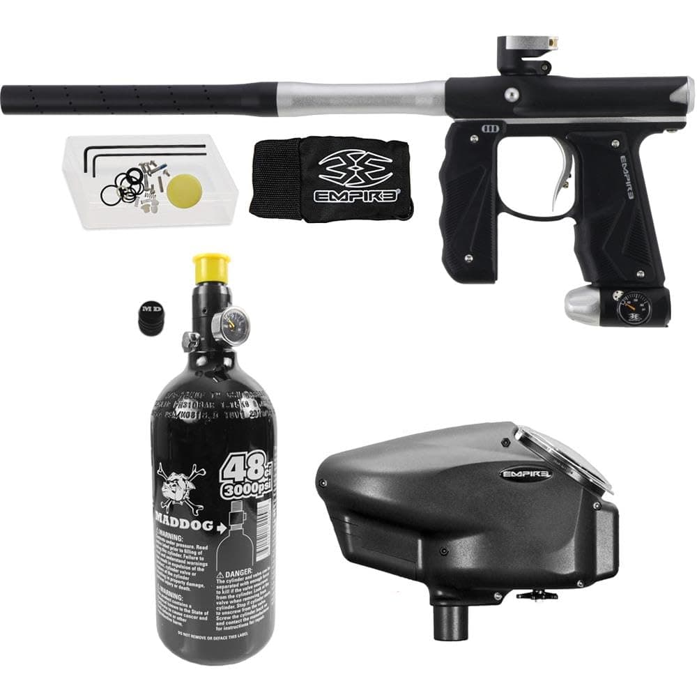 Maddog Empire Mini GS Paintball electrónico Full Auto con tanque HPA 48/3000 y cargador Empire Halo Too - Dust Black/Silver - 2pc Barrel