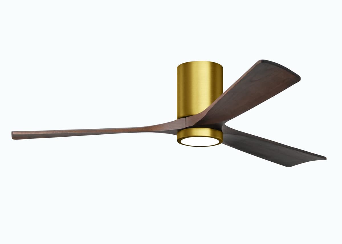 Matthews Fan Company Irene IR3HLK-BRBR-WA-60 Ventilador de techo empotrado 60" con luz, control remoto y control de pared, motor DC silencioso, 3 aspas de madera, Brushed Brass con Walnut Tone