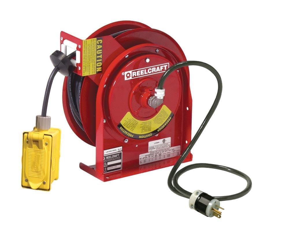 Carrete de Cable de Alimentación Pesado Reelcraft L 4545 123 7A, 12 AWG/3 Conductores x 45', 20 A, Toma Dúplex con GFCI, Cable Incluido