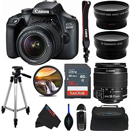 Canon Cámara DSLR PixiBytes EOS 4000D con lente 18-55 mm f/3.5-5.6 III, trípode de 50 pulgadas y paquete avanzado Pixi (Versión internacional) (Reacondicionado) 3011C003AA