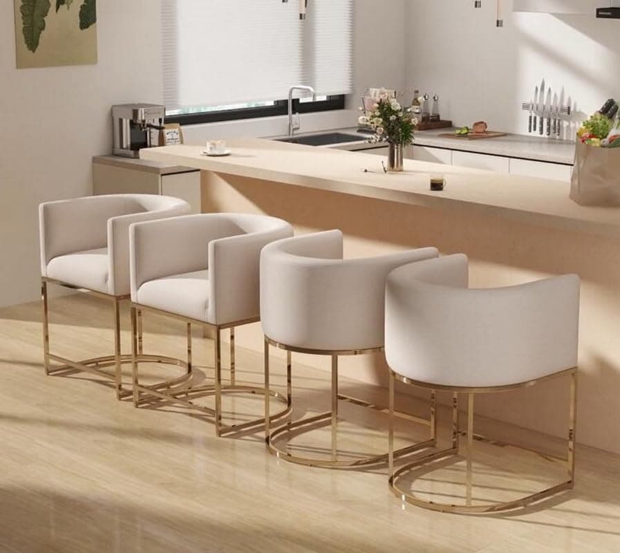 RIVOVA Set x4 Taburetes de Bar Linón Crema, 24" Altura de Asiento con Base Metálica Dorada