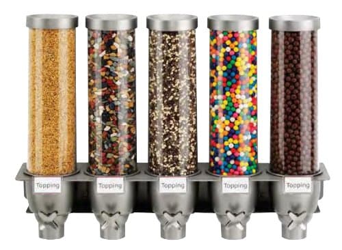 Rosseto EZ527 Dispensador de 5 contenedores para toppings montable en pared, 1.3 galón, plateado