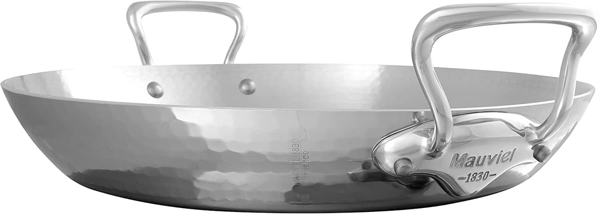 Mauviel M'Elite Sartén para Paella de Acero Inoxidable Pulido Martillado de 5 Capas con Asas de Acero Inoxidable Fundido, 15.7 pulg., Hecho en Francia 527740