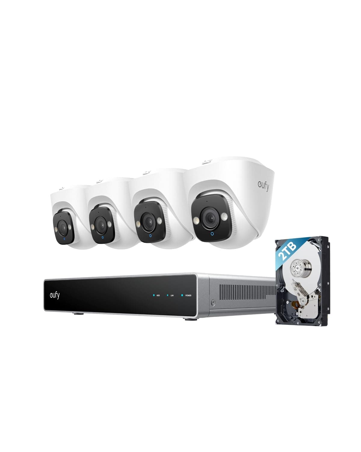 eufy Sistema de Seguridad NVR PoE E41, Grabación 24/7, Hasta 16 Canales, HDD 2TB, 4 Cámaras Turret 4K, Cámara Exterior Cableada, 4K UHD, Campo de Visión 122°, Visión Nocturna a Color, Detección por IA, Estroboscópico Rojo y Azul T8P10
