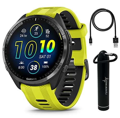 Wearable4U - Garmin Forerunner 965 Premium Reloj Inteligente GPS para Correr y Triatlón 47 mm con Pantalla Táctil AMOLED, Bisel de Titanio DLC Gris Carbón y Correa de Silicona Amarillo Ámbar con E-Bank. wa001