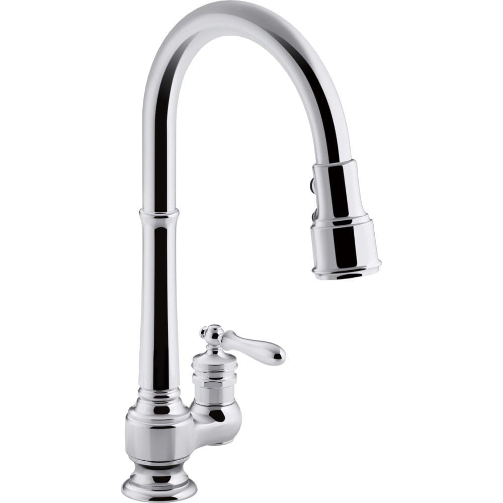 Kohler 99260-CP Grifería de cocina de un orificio Artifacts con caño extraíble de 17-5/8 in. y cabezal de rociado de 3 funciones, cromo pulido