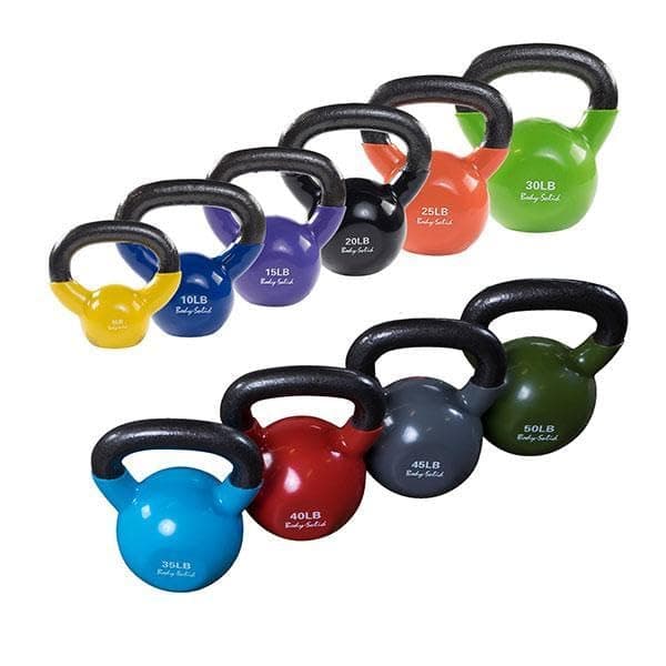 Set de Kettlebells Body-Solid con Revestimiento de Vinilo (KBVS275) con Mango Cromo Kettle Grip, Pesas para Entrenamiento de Fuerza y Ejercicios de Core, juego de 5 a 50 lb.