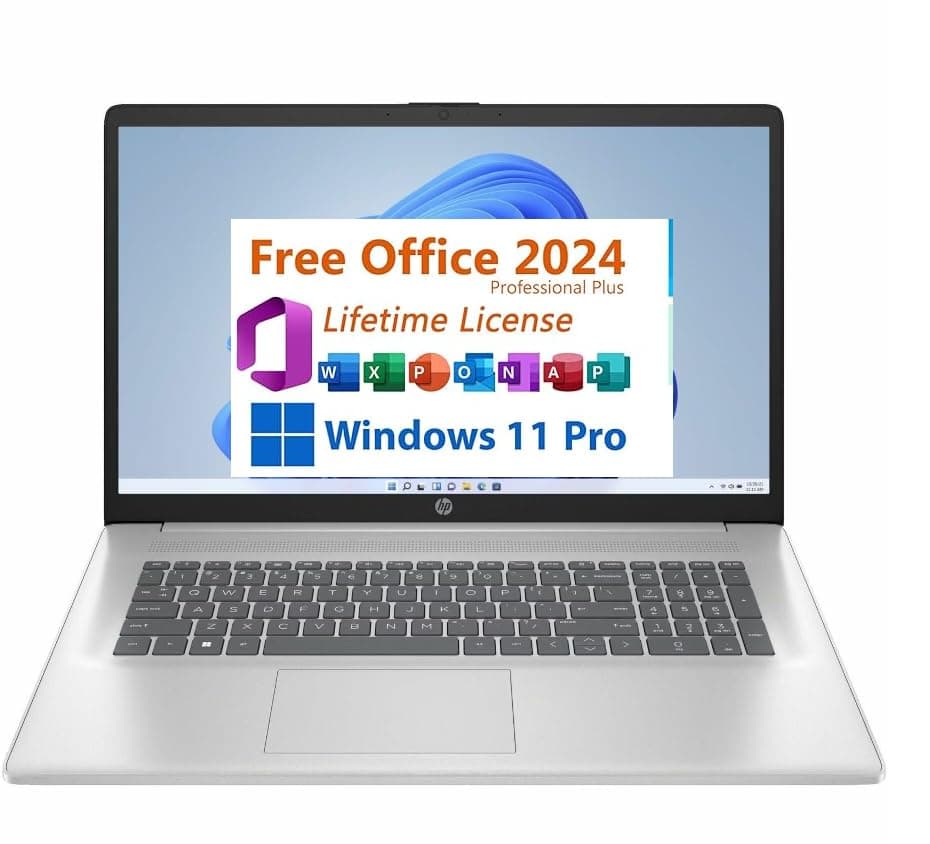 HP 17.3" Pantalla FHD, Licencia Vitalicia de Microsoft Office 2024, Copilot AI Chat, 16GB RAM, 512GB SSD, Procesador AMD Ryzen 5, Cámara Web, Teclado Numérico, Larga Duración de Batería, Windows 11 Pro, Plateado Ryzen 5 7430U