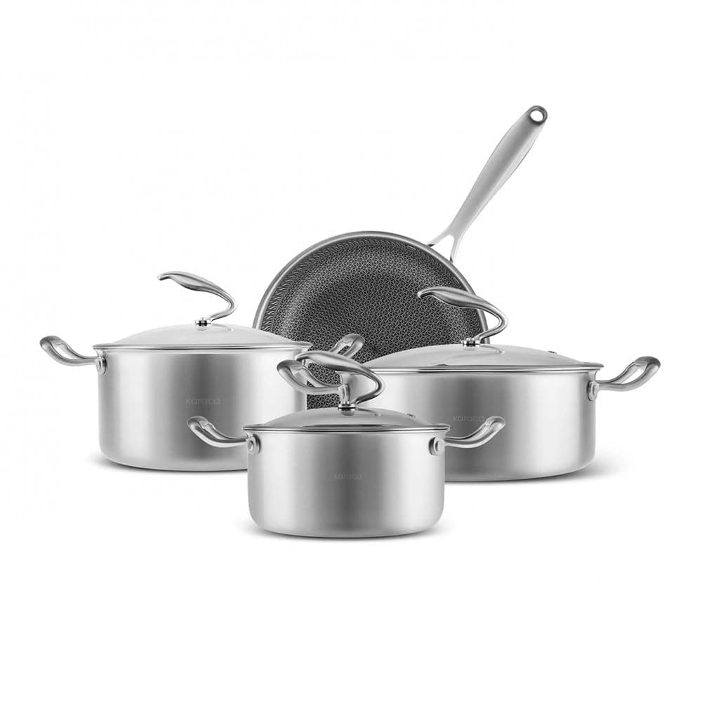 Karaca Juego de 7 piezas PowerSteel 5 capas de acero inoxidable 316+ para cocina, antiadherente, compatible con inducción 1000021282001