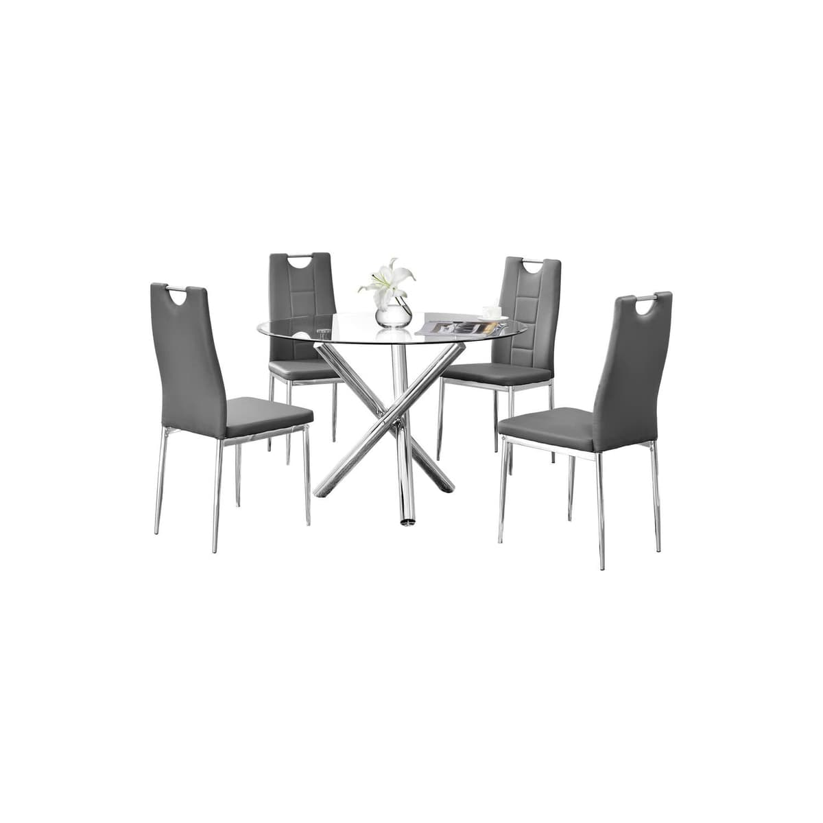 Best Master Furniture Trevi juego de comedor redondo de 5 piezas con tapa de vidrio y 4 sillas sin brazos en cuero sintético (Gris) T248