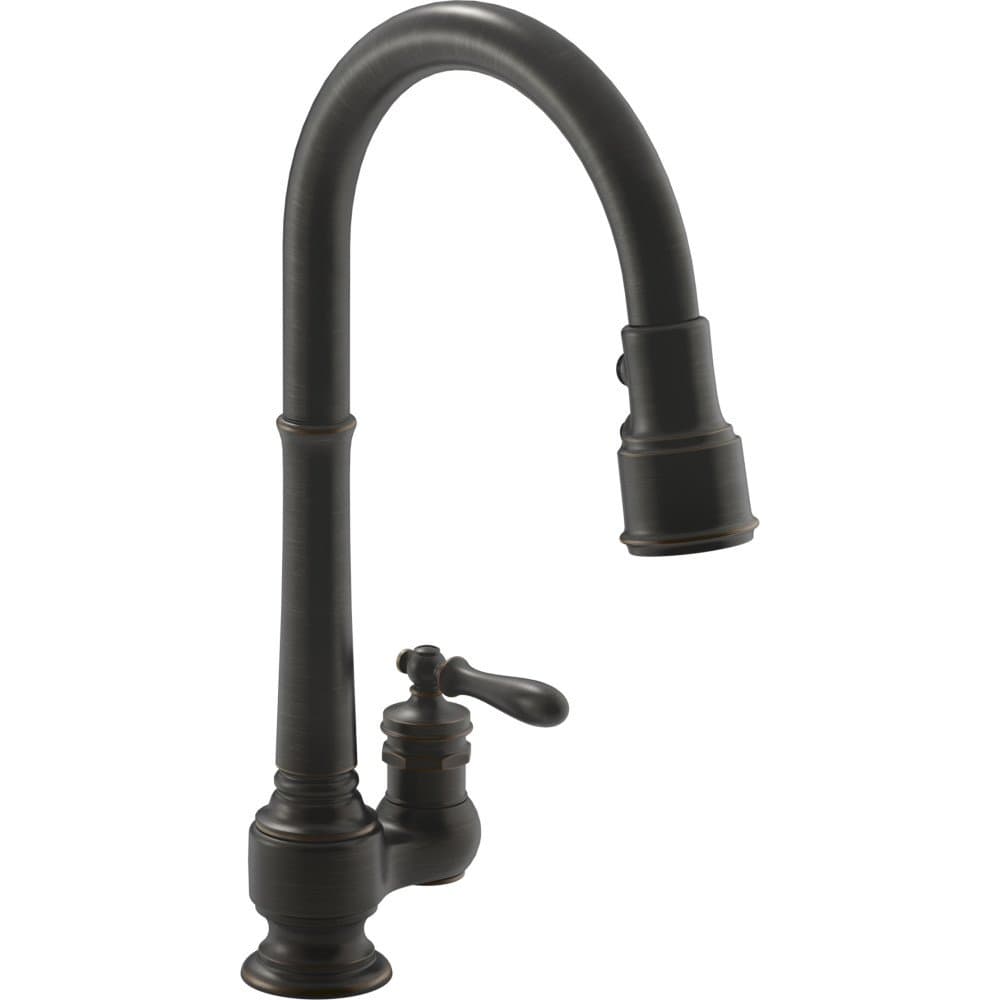 Kohler 99260-2BZ Grifo de cocina de un solo agujero Artifacts con caño extraíble de 17-5/8 in. y cabezal de rociado de 3 funciones, Oil-Rubbed Bronze, One Size