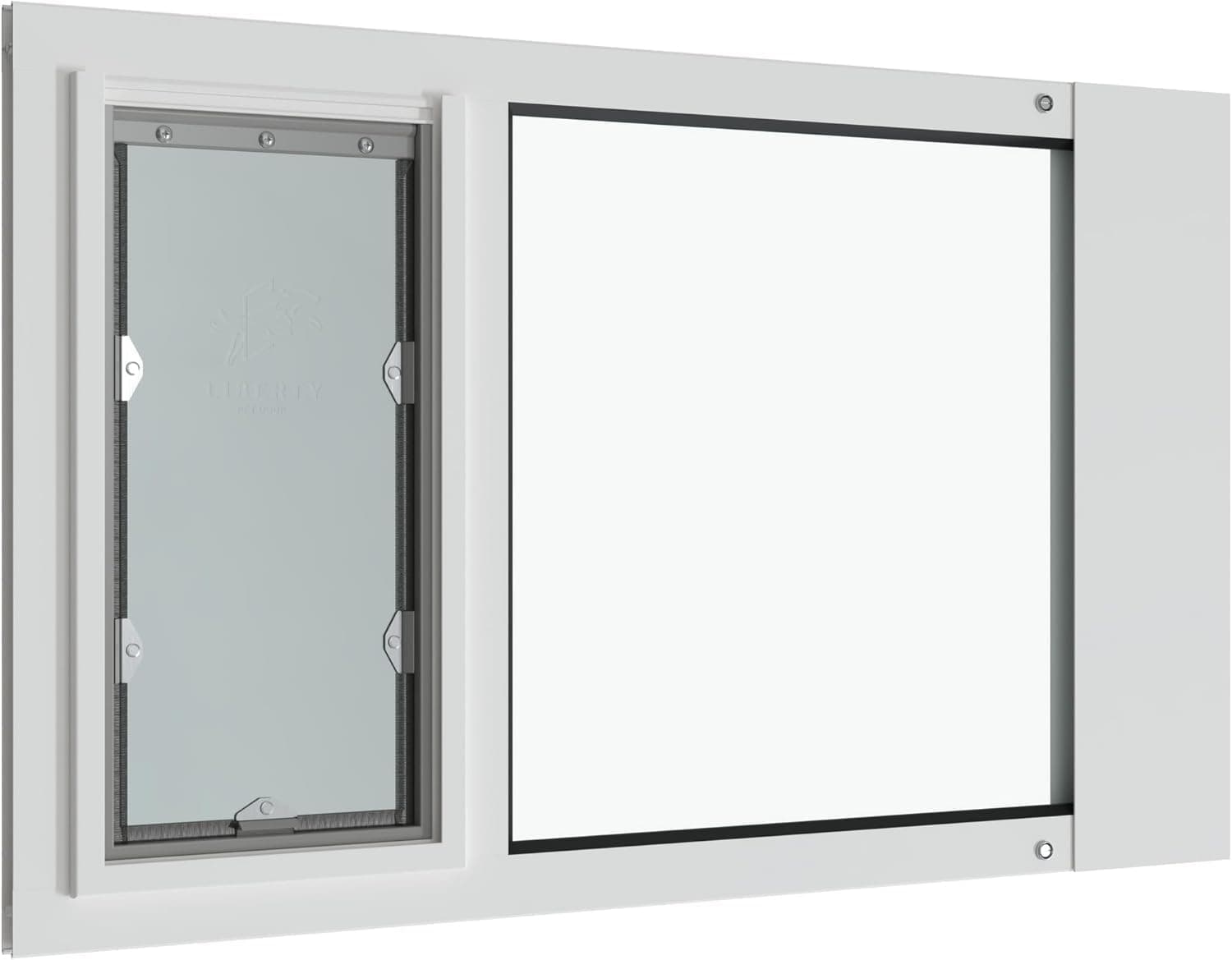 Panel de Puerta para Mascotas Liberty para Ventanas de Guillotina | Marco de Aluminio Duradero con Cubierta de Cierre | Vidrio de Seguridad Eficiente Energéticamente | Blanco, Solapa Mediana, 39.5" - 41" de Ancho 07LP-A0716-1W-3SG-39.5-41.0