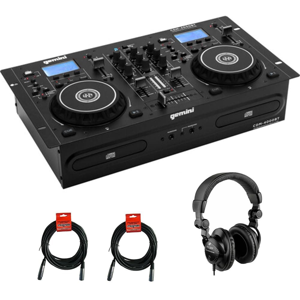 Gemini CDM-4000BT Reproductor Dual CD/USB Bluetooth con mezclador integrado - Bundle con auriculares y cable XLR
