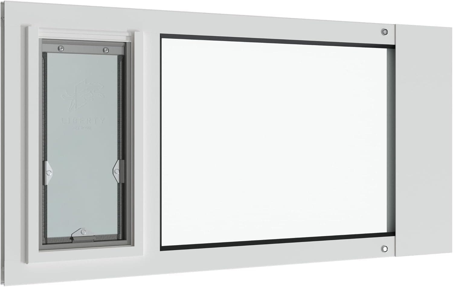 Panel de Puerta para Mascotas Liberty para Ventanas de Guillotina | Marco de Aluminio Duradero con Cubierta de Cierre | Vidrio de Seguridad Eficiente Energéticamente | Blanco, Abertura Pequeña, 33.5" - 35" de Ancho 07LP-A0512-1W-3SE-33.5-35.0