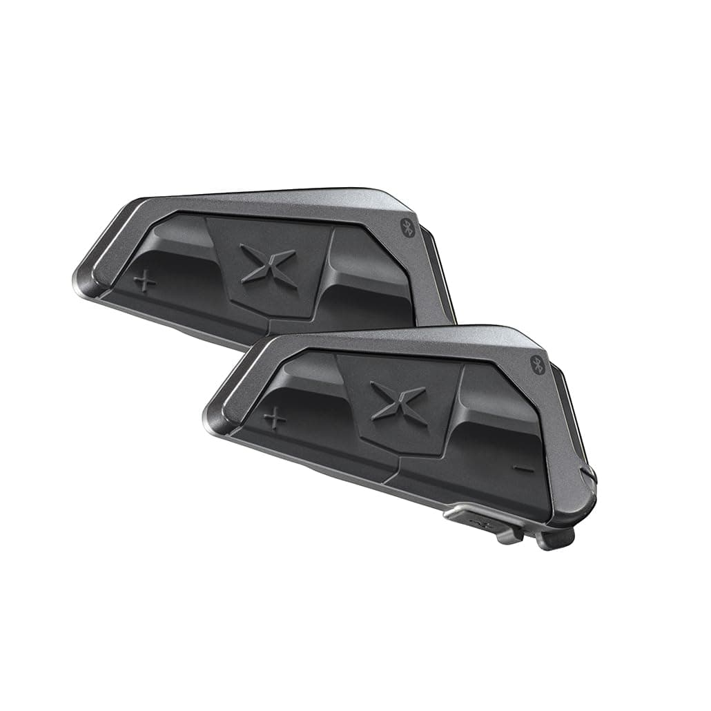 Sistema de Comunicación para Casco de Moto EXOCOM Link-1 Intercomunicador - Altavoces HD Delgados de 40 mm con Intercomunicación Bluetooth + Cancelación de Ruido, Compatible con Todos los Cascos, Plateado Oscuro, Kit de Auriculares Doble EC-LINK1-D