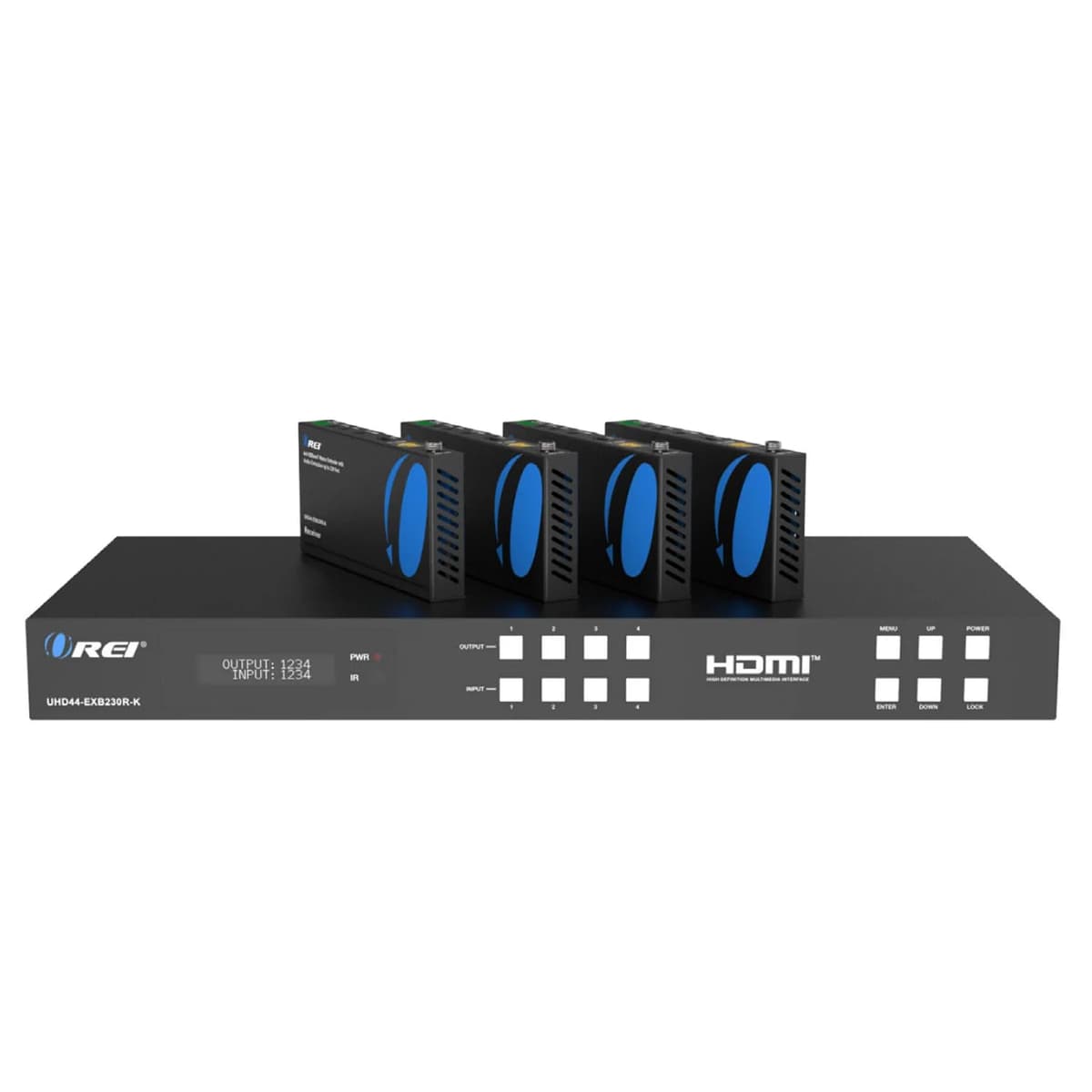 OREI Matriz Extensor HDMI 4x4 HDBaseT UltraHD 4K@60Hz sobre CAT5e/6/7 con HDR, IR, RS-232 y 4 receptores (UHD44-EX230-K)