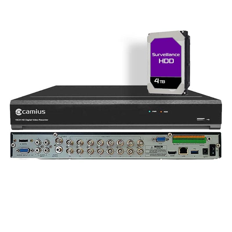 Camius DVR 4K de 16 canales para 16 cámaras analógicas y 8 IP, 5 en 1 CVBS/AHD/CVI/TVI/IP, 2 SATA, e-SATA | Disco duro 4TB incluido, visualización en PC/Mac/Browser/Móvil (solo DVR híbrido de vigilancia, sin cámaras) 29-LITE-S42R