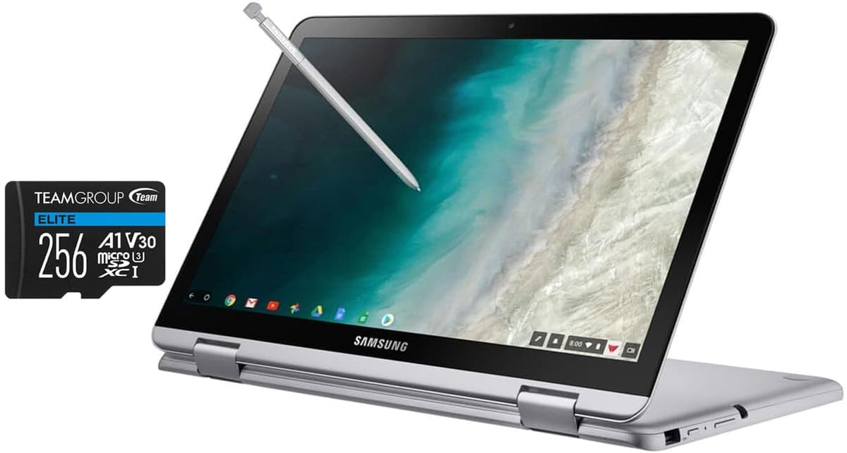 ME2 MichaelElectronics2 SAMSUNG Chromebook Plus 2 en 1 con pantalla táctil FHD de 12.2" (Intel Celeron 3965Y de 2 núcleos, 4GB RAM, 320GB almacenamiento [64GB SSD + tarjeta Micro SD de 256GB], lápiz stylus, mouse inalámbrico, WiFi, Chrome OS) (paquete de 2)