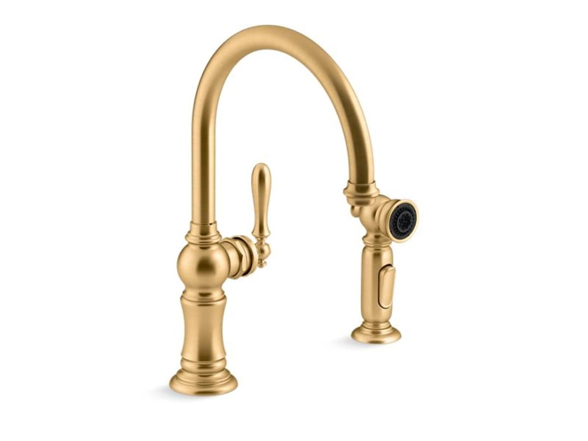 Kohler K-98262-2MB Artifacts Grifo de cocina monomando con rociador de dos funciones, Vibrant Moderne Brushed Brass 99262-2MB