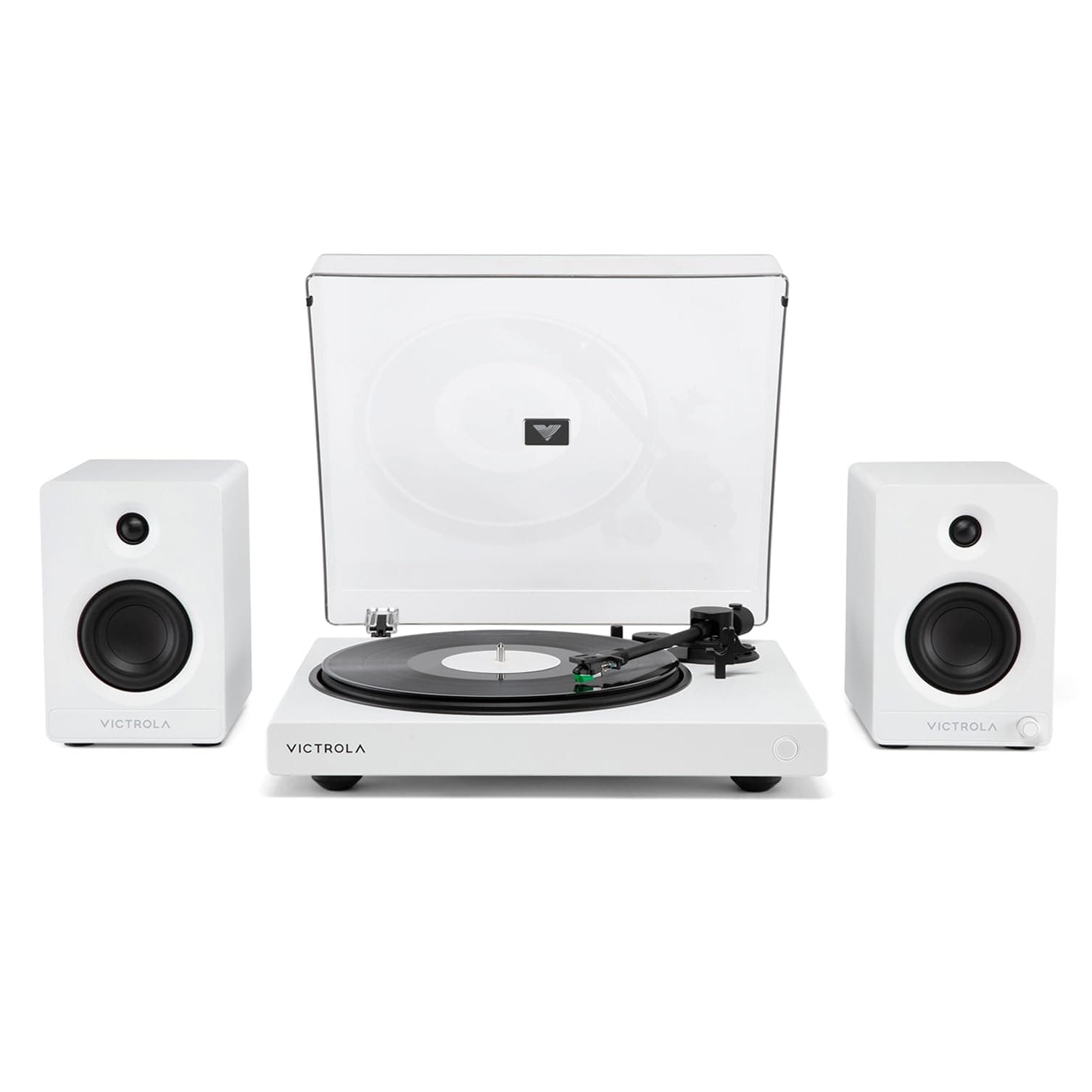 Victrola Wave + Victrola Tempo - Tocadiscos Bluetooth con Auracast y altavoces bookshelf (Bundle, White)