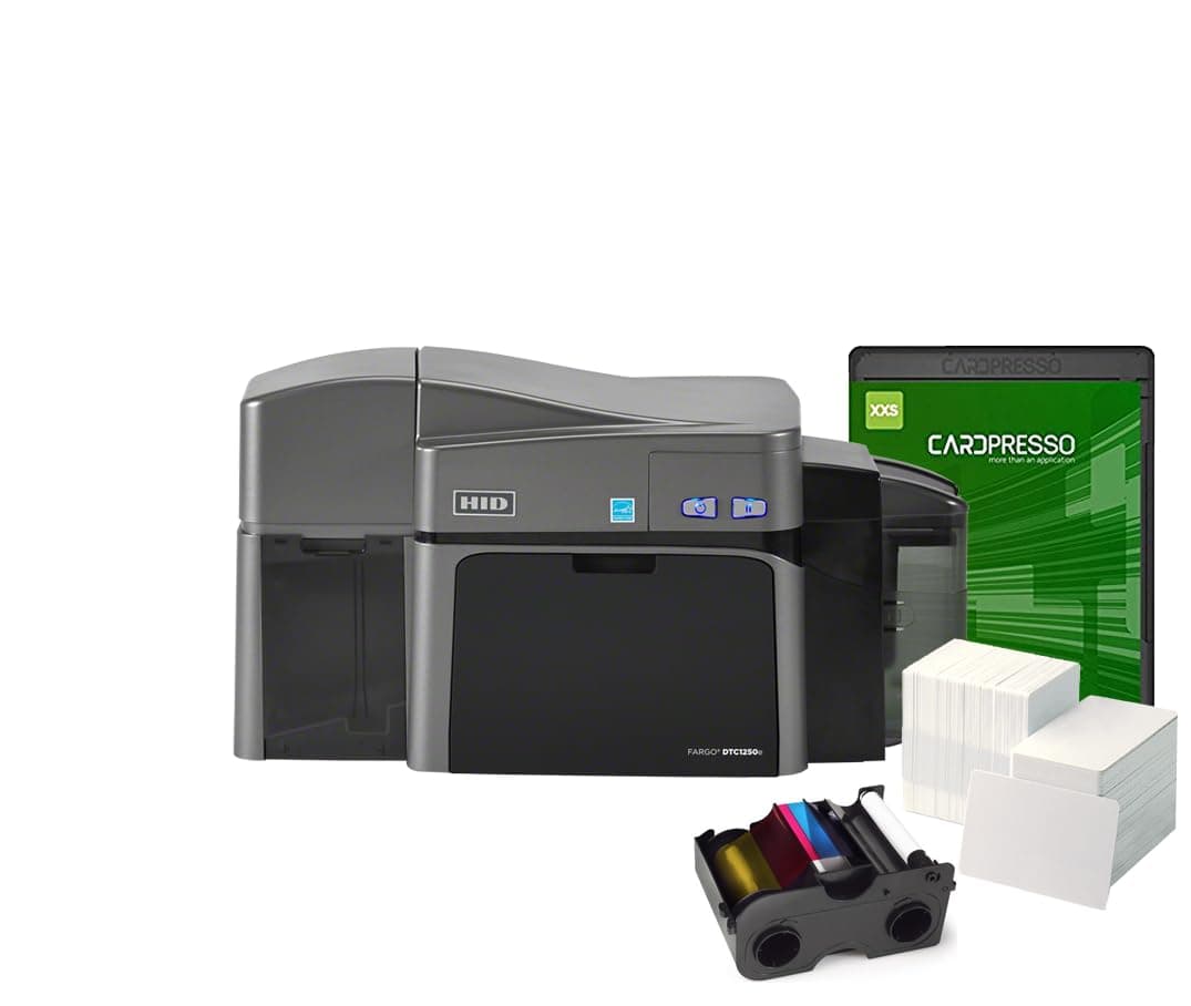 Creador de tarjetas de identificación - Impresora de tarjetas ID Fargo DTC1250e de doble cara + Suministros
