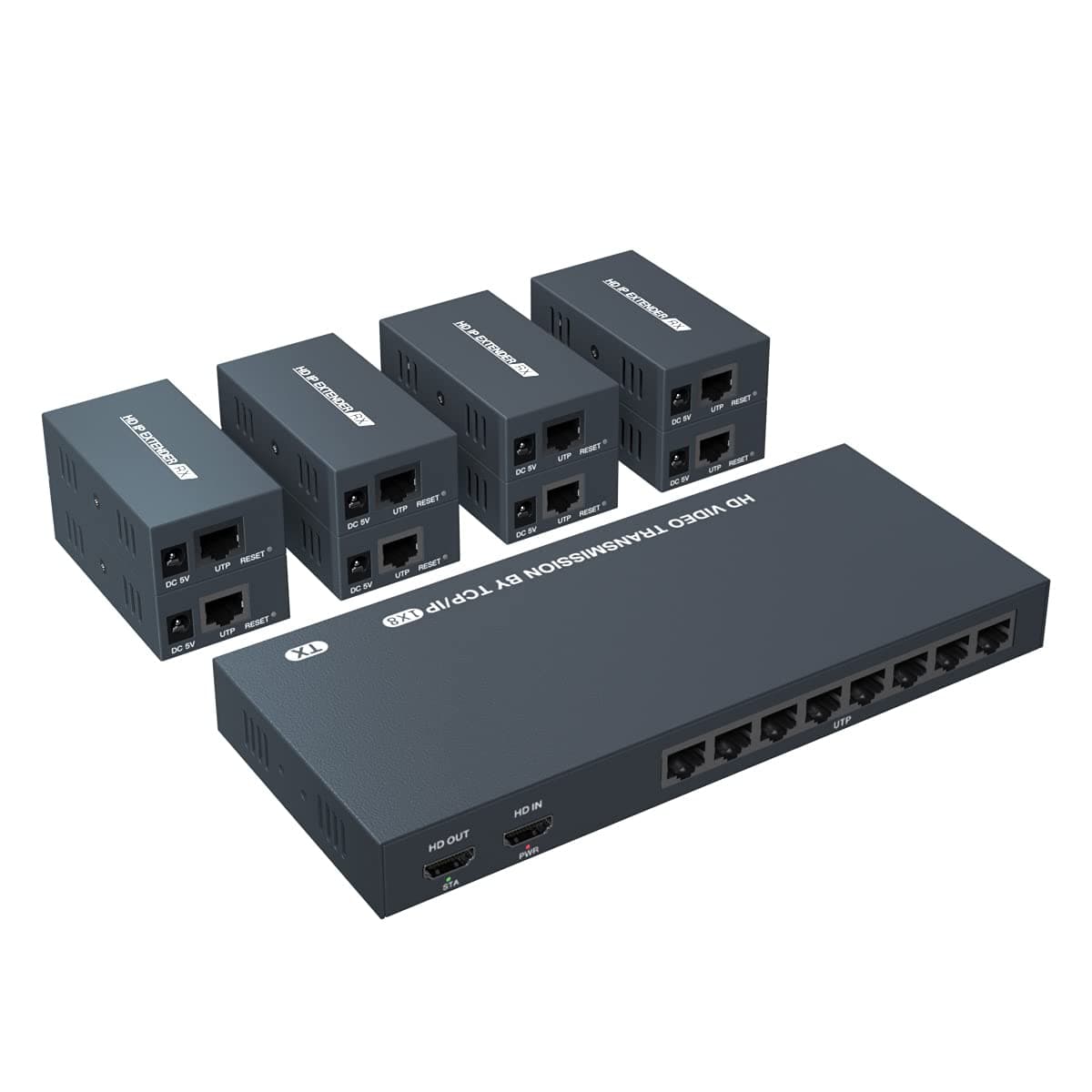 PWAYTEK Divisor/Extensor HDMI 150m 1x8 Transmisor Remoto 1080P Audio y Video Sobre Cat5e/6 Ethernet Espejo 8 Pantallas Soporta Loopout Remoto 1 entrada 8 salidas para TV HTS010X