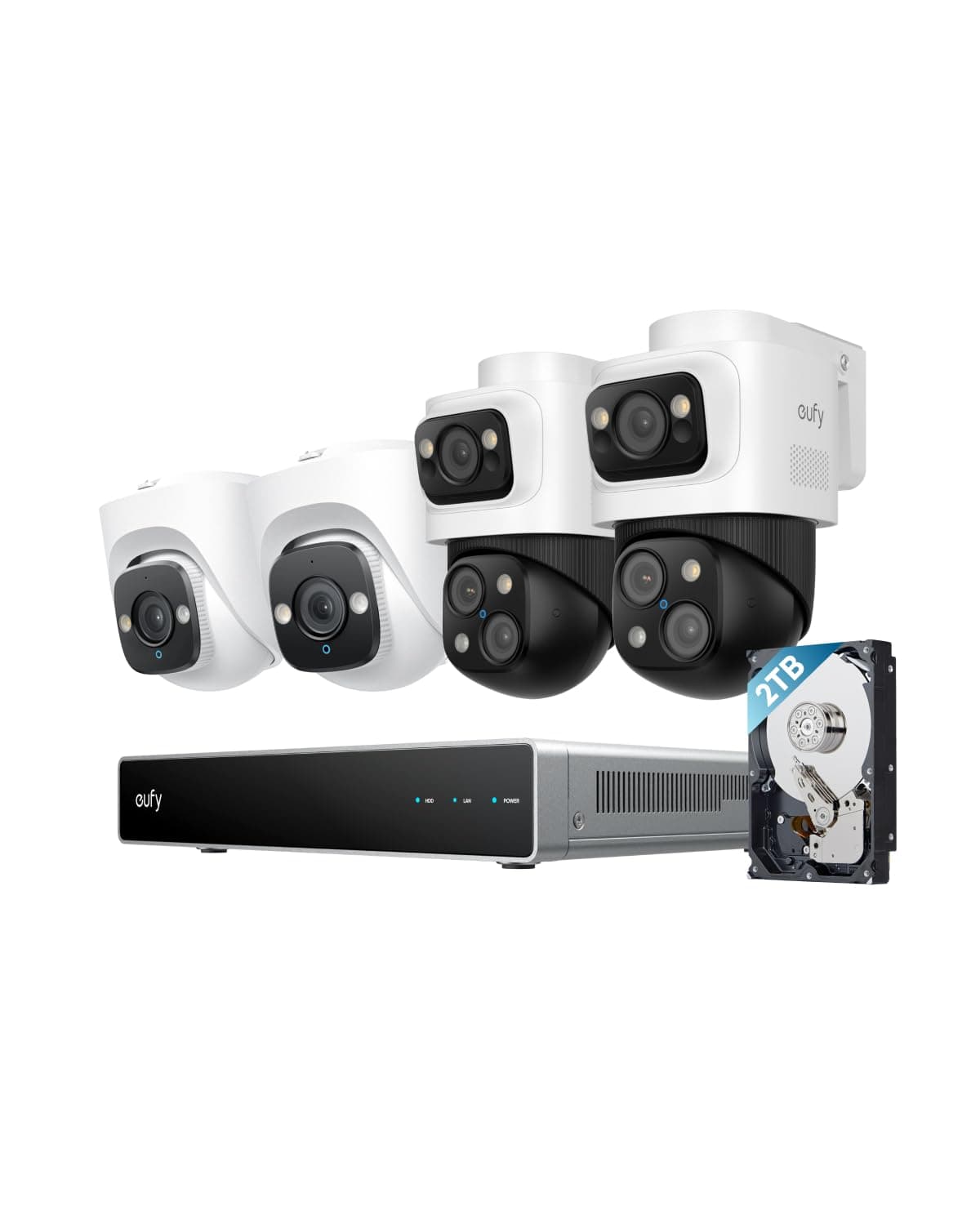 eufy Sistema de Cámaras de Seguridad PoE NVR S4, Power over Ethernet, Cableado, Grabación 24/7, Hasta 16CH, Disco Duro 2TB, 2 Cámaras Bullet-PTZ, 2 Cámaras Turret, PTZ 360°, Enfoque y Seguimiento Automático por IA, Búsqueda Inteligente de Video T8E00