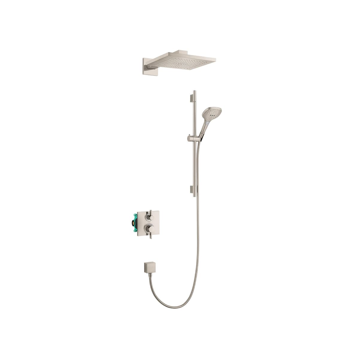 hansgrohe Raindance E Sistema de Ducha Completo 3 Chorros PowderRain, Rain y Massage en Níquel Cepillado, Incluye Rough y Válvula 2 GPM 04914820