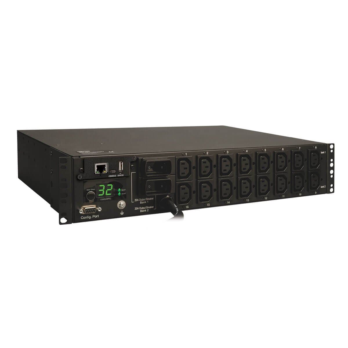 PDU conmutada Tripp Lite, 7.4 kW monofásica, 230 V, 16 salidas (C13), IEC-309 32A azul, cable de 12 ft, fuente de alimentación para rack 2U, TAA (PDUMH32HVNET), negro
