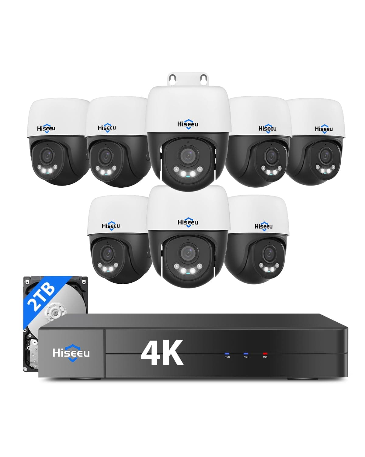 [4K+360° Vista] Sistema de Cámaras de Seguridad Hiseeu 4K PoE, 8 Unidades Cámara PTZ PoE Cableada 8MP para Exterior, Detección Humano/Vehículo, Audio Bidireccional, Visión Nocturna a Color, 16 Canales Expandibles, Disco Duro 2TB para Vigilancia 24/7 PK-8YHD98-BT