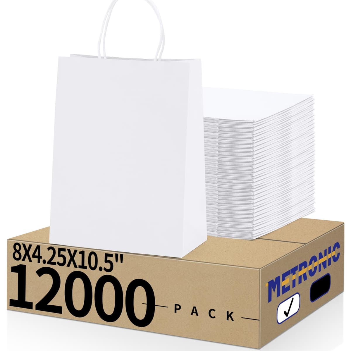 METRONIC Kraft Paper Gift Bags 8x4.75x10.5 Inch - 12,000 pack (White)