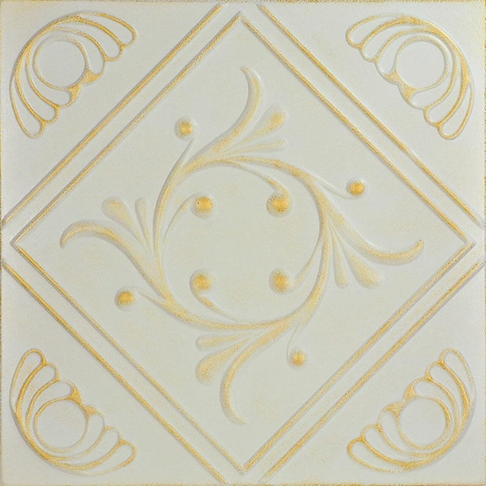 À LA MAISON CEILINGS R02 Diamond Wreath Foam Glue-up Ceiling Tile, Pack de 144, White Washed Gold r02wwg-144