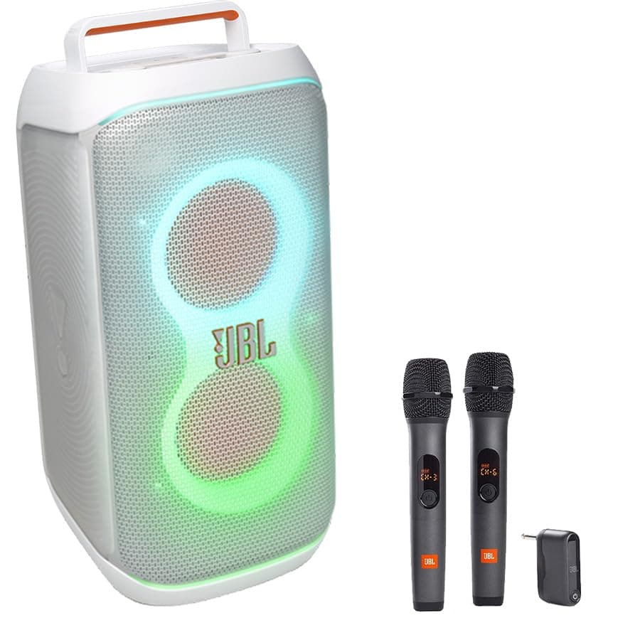 JBL PartyBox Club 120 Altavoz portátil para fiestas con sistema inalámbrico de dos micrófonos (Blanco) PB120+WIRELESSMICAM-W