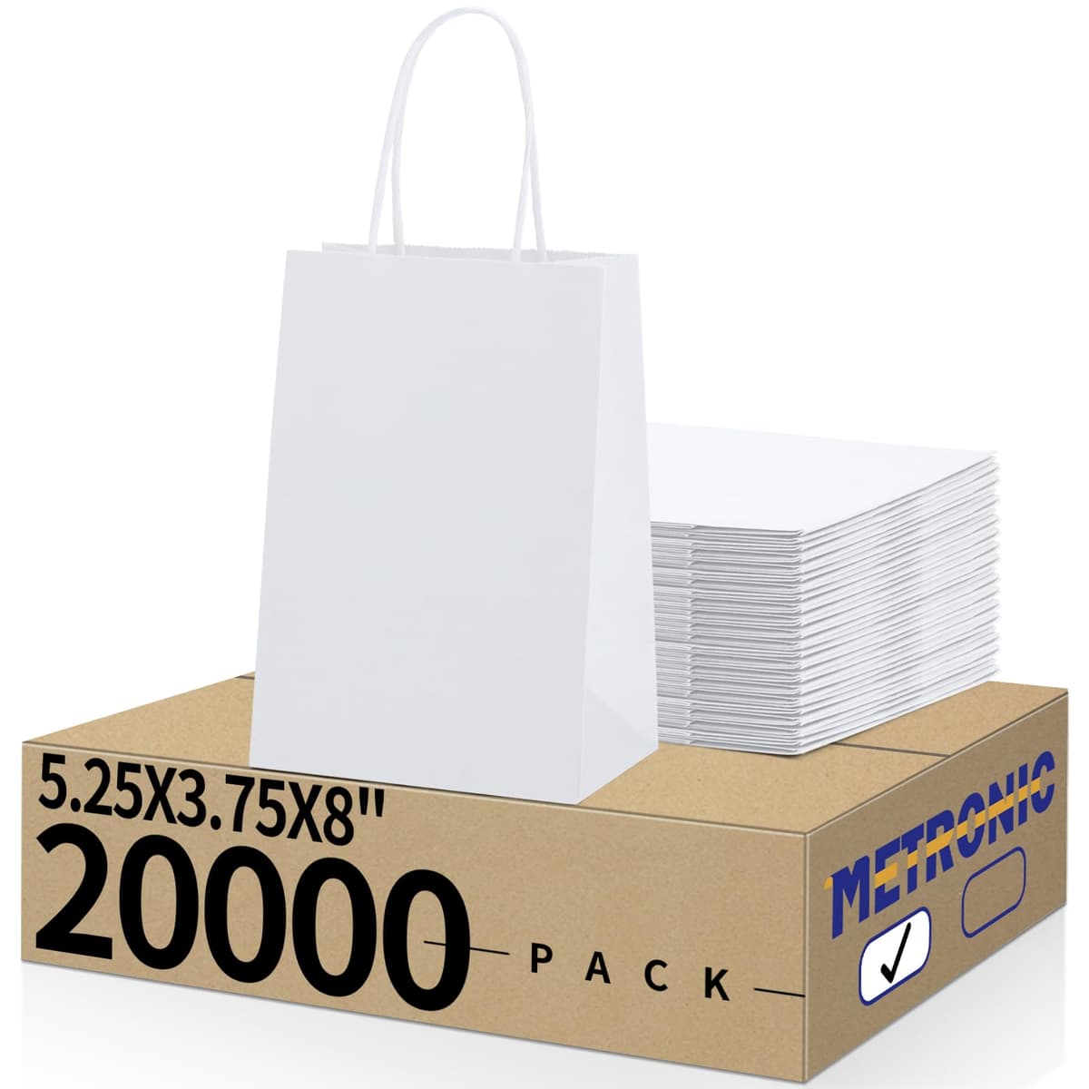 METRONIC Kraft Paper Gift Bags 5.25x3.75x8 Inch - 20,000 pack (White)