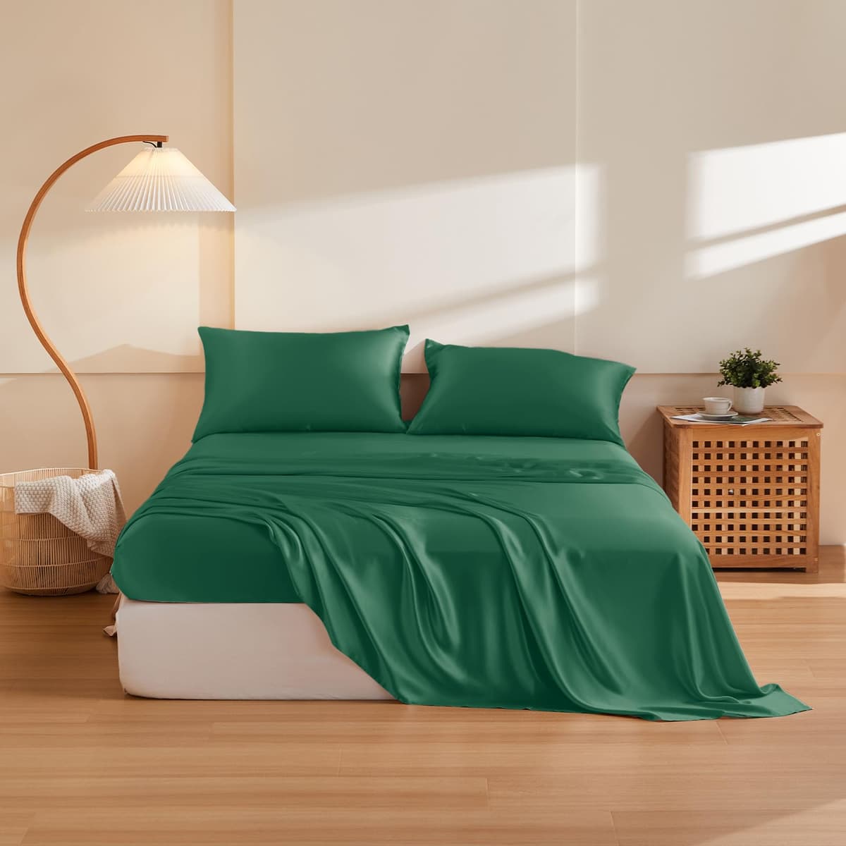 Juego de sábanas de seda THXSILK 5 piezas Split King, 100% seda de morera (Emerald Green)