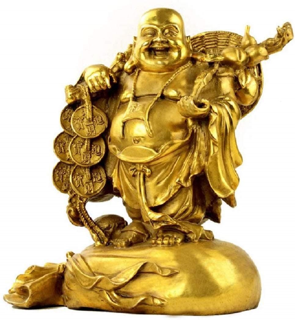 WEALTHCOMING Estatua Buda de la Fortuna de latón grande, figura del Buda sonriente con saco de dinero, decoración de hogar
