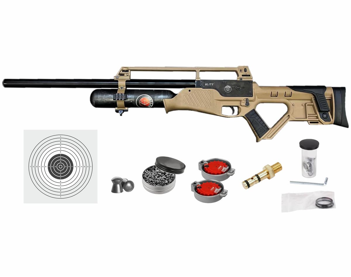 Wearable4U Hatsan Blitz Edición Limitada .30 Cal PCP 730 FPS 53 FPE FDE con Blancos y 100 Pellets .30cal HGBlitz30FDE_TargAmmo