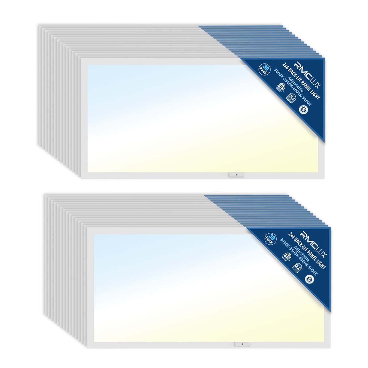 RMCLUX Panel LED 2x4 30 Pack, 5 niveles de potencia, 4 CCT, ETL y DLC 2x4 Panel Light-30 Pack