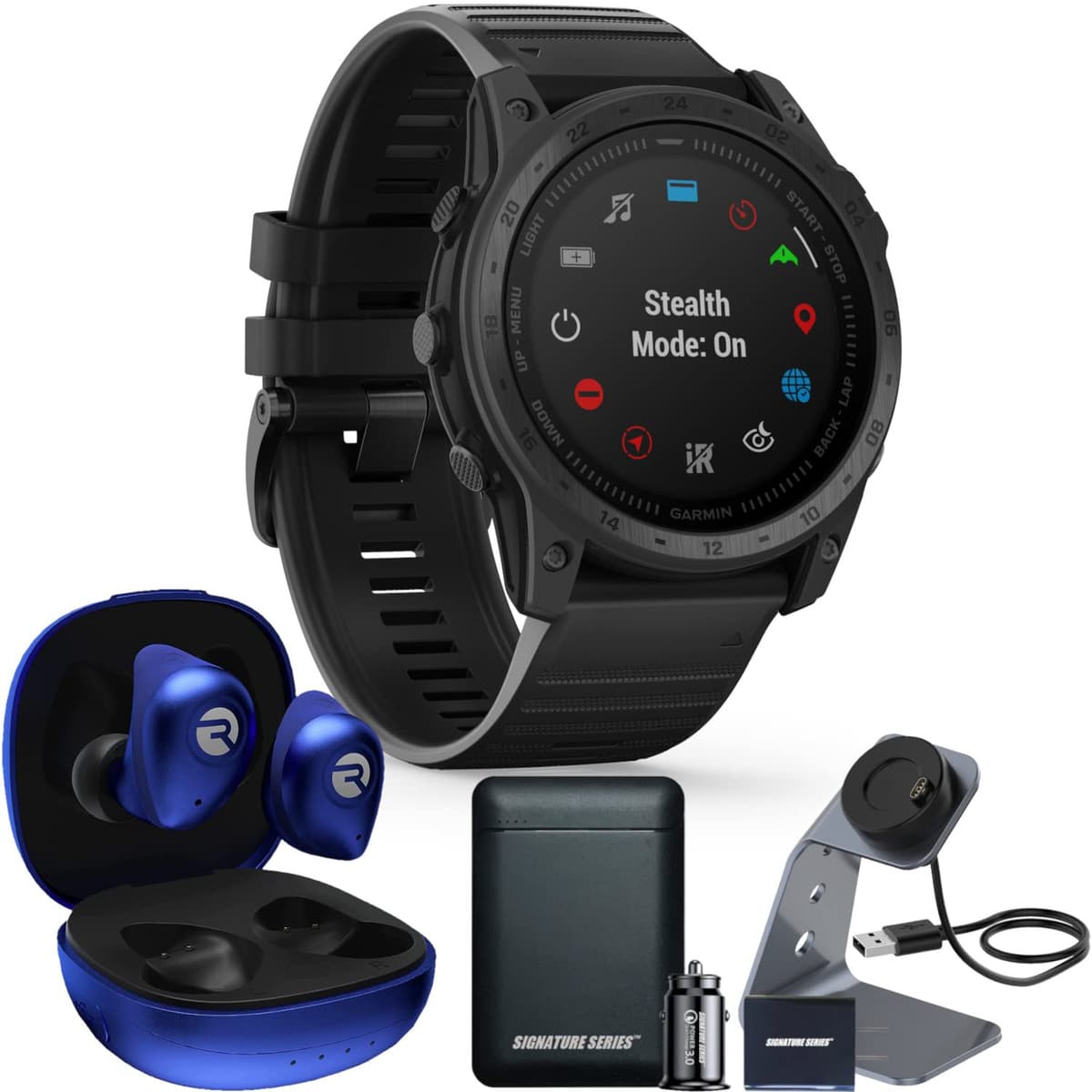 Certified Brands Bundle Garmin tactix 7 Standard + Raycon Fitness (Electric Blue) + Stand + Power Bank 010-02704-00+RBE745-21E-BLU Power Bundle