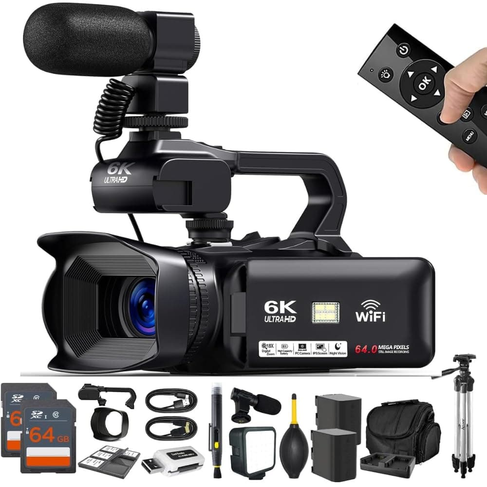 Cámara de Video Acuvar 4K/6K - Cámara de Vlogging 64MP para YouTube, 60FPS, Zoom 18X - con Micrófono, Luz LED, Trípode y 2×64GB Tarjetas - Paquete con WiFi y Webcam 64M4K