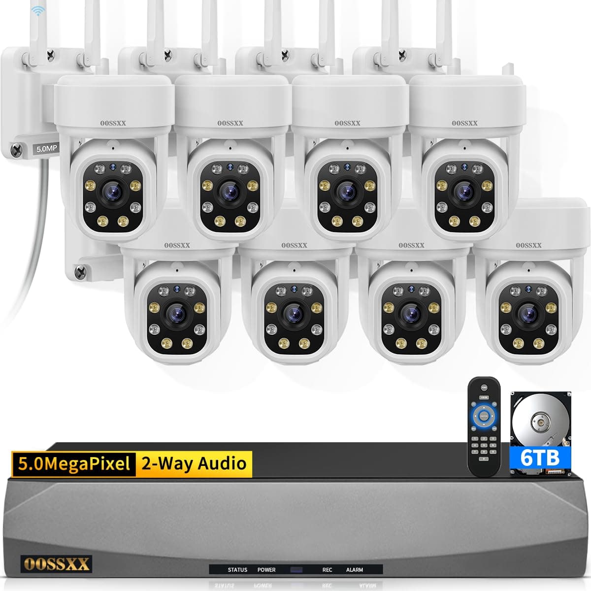 OOSSXX Sistema de cámaras de seguridad PTZ exterior Wi-Fi con audio bidireccional, 5MP, 16 canales NVR, 6TB HDD Free APP No Month Fee