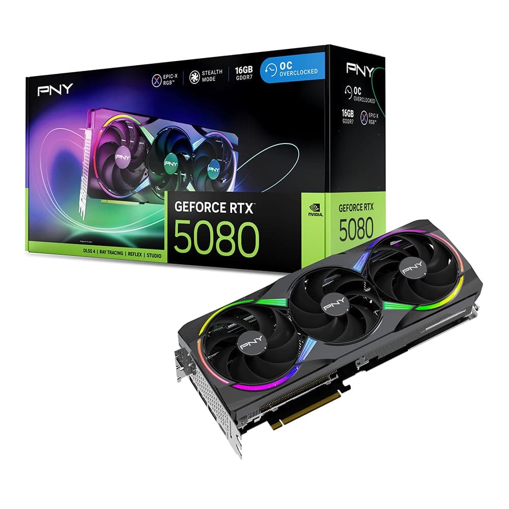 PNY NVIDIA GeForce RTX 5080 Epic-X ARGB OC Triple Fan 16GB GDDR7, PCIe 5.0 VCG508016TFXXPB1-O